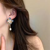 Needle Pearl Zircon Crystal Flower Earrings Sweet Party Accessories