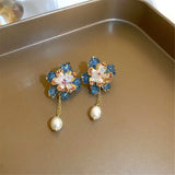 Needle Pearl Zircon Crystal Flower Earrings Sweet Party Accessories