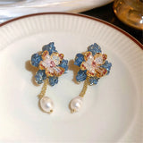 Needle Pearl Zircon Crystal Flower Earrings Sweet Party Accessories