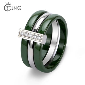 Green Yellow Ceramic Rings Rhinestone Stainless Steel Rings Jewelry