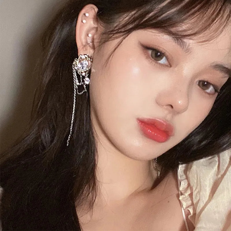 Metal Zircon Tassel Chain Earrings Hip-hop Style