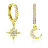 Octagonal Earrings 925 Silver Star Moon Geometry Diamond