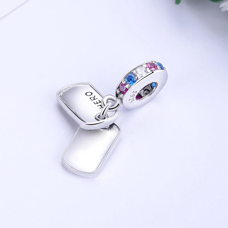 925 Sterling Silver Hero Dog Tag Dangle Charm CZ Bracelet DIY Jewelry