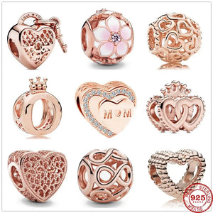 925 Silver Love You Heart Padlock MOM Bead Charms Rose Pendant Bracelet