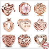925 Silver Love You Heart Padlock MOM Bead Charms Rose Pendant Bracelet
