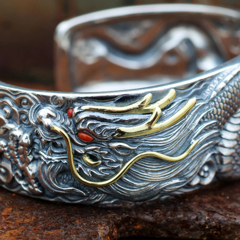 Dragon Silver Bracelet Vintage Hand-carved Domineering Amulet