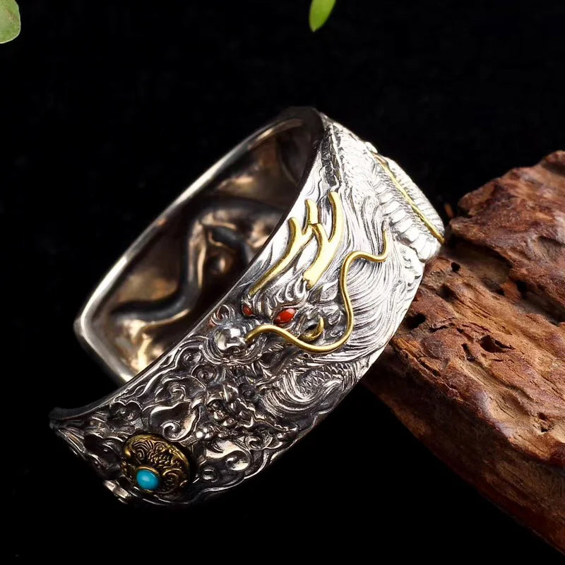 Dragon Silver Bracelet Vintage Hand-carved Domineering Personality Amulet