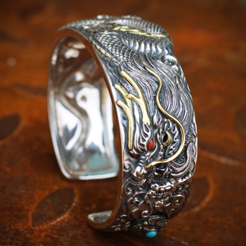 Dragon Silver Bracelet Vintage Hand-carved Domineering Personality Amulet