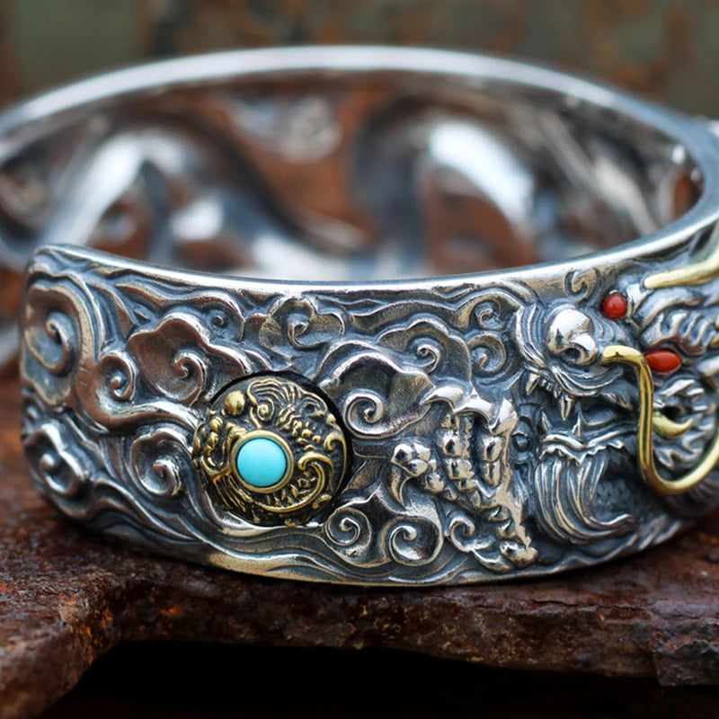 Vintage Dragon Silver Bracelet - Hand-carved Domineering Amulet Accessory