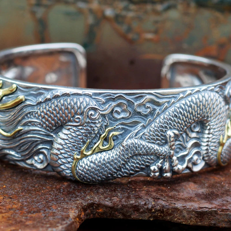 Dragon Silver Bracelet Vintage Hand-carved Domineering Personality Amulet