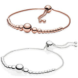Rose & Silver Beads Sliding Adjust Bangle 925 Sterling Silver DIY Jewelry