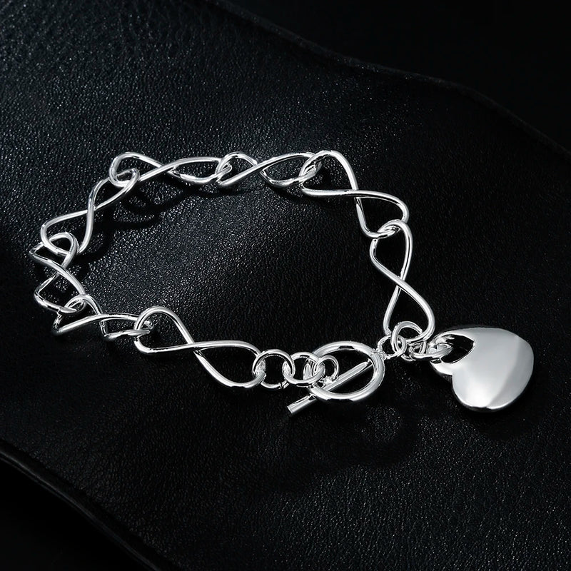 925 Sterling Silver Heart Pendant Bracelet for Women Party Wedding