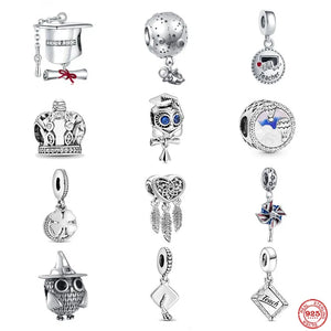 Owl Bead Pendant Teacher Bachelor Hat Charm 925 Silver Bracelet