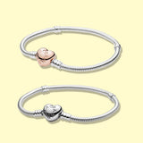 S925 Sterling Silver Snake Bone Chain Bracelet Heart Clasp Pink Silver