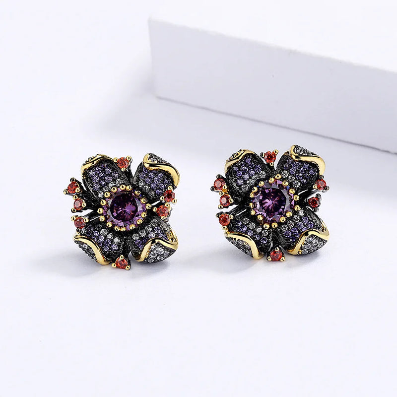 Flower Earrings Sunflower Purple Zircon Wedding Party Jewelry Gift