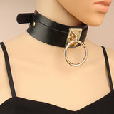 Punk Gothic Double Layer Women's Necklace Metal Ring PU Leather Tie Chain