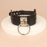 Punk Gothic Double Layer Women's Necklace Metal Ring PU Leather Tie Chain