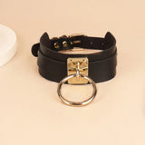 Punk Gothic Double Layer Women's Necklace Metal Ring PU Leather Tie Chain