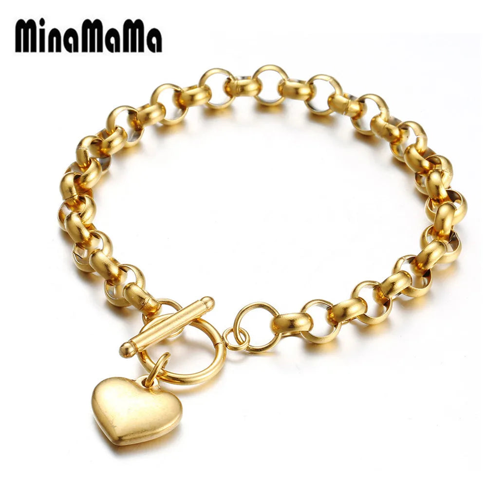 Vintage Stainless Steel Keel Chain Heart Charms Bracelet For Woman