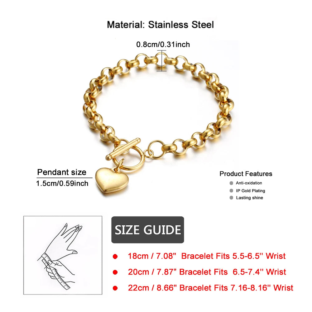 Vintage Stainless Steel Keel Chain Heart Charms Bracelet For Woman