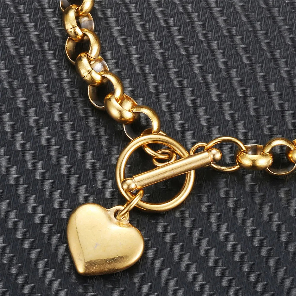 Vintage Stainless Steel Keel Chain Heart Charms Bracelet For Woman
