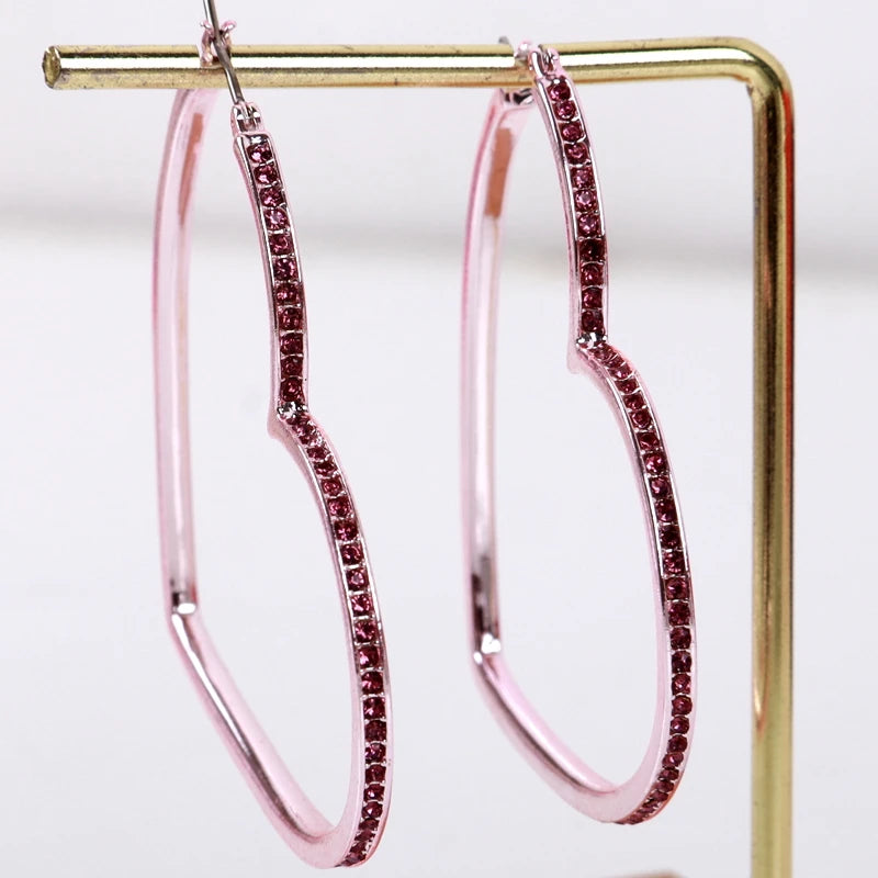 Pink Crystal Heart Hoop Earrings Exaggerated Statement Jewelry
