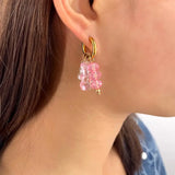 Pink Flower Asymmetric Hoop Earrings Stainless Steel Pearl Circle Jewelry