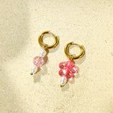 Pink Flower Asymmetric Hoop Earrings Stainless Steel Pearl Circle Jewelry