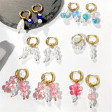 Pink Flower Asymmetric Hoop Earrings Stainless Steel Pearl Circle Jewelry
