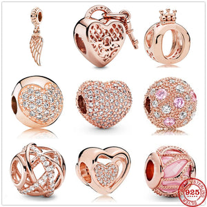 Pink Love Heart Clip Zirconia Beads Rose Charm for Bracelet DIY Jewelry