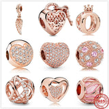 Pink Love Heart Clip Zirconia Beads Rose Charm for Bracelet DIY Jewelry