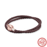 Pink Red Brown Leather Bracelet with 925 Silver Clasp