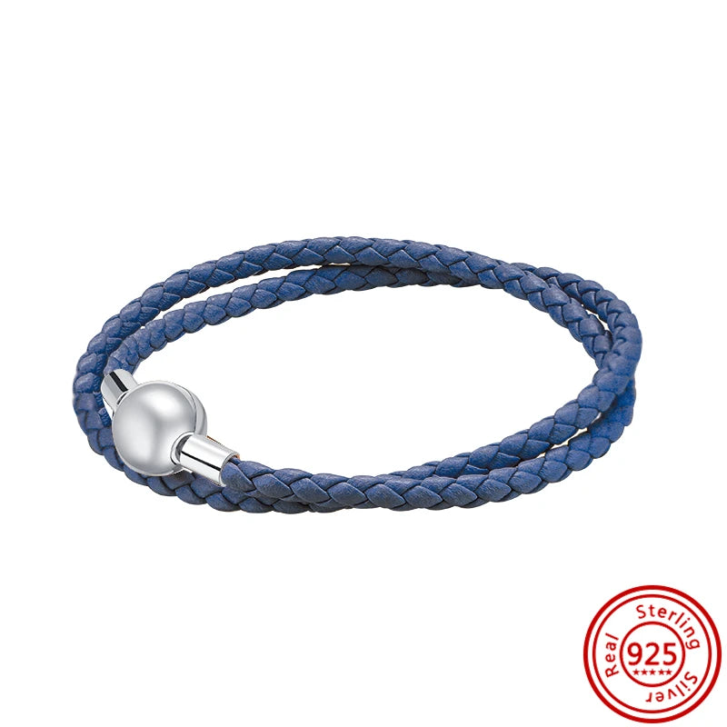 Pink Red Brown Leather Bracelet with 925 Silver Clasp