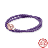 Pink Red Brown Leather Bracelet with 925 Silver Clasp