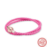 Pink Red Brown Leather Bracelet with 925 Silver Clasp