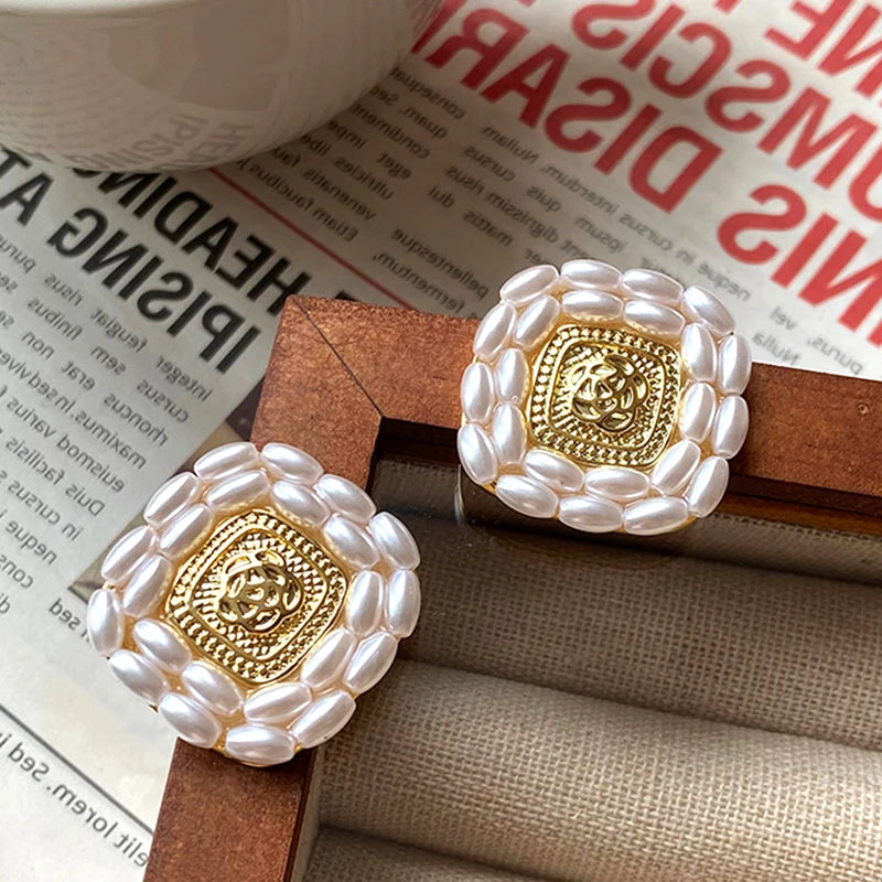 14K Plated Flower Pearl Square Earrings S925 Needle Stud Gift