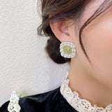 14K Plated Flower Pearl Square Earrings S925 Needle Stud Gift