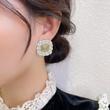 14K Plated Flower Pearl Square Earrings S925 Needle Stud Gift