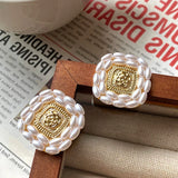 14K Plated Flower Pearl Square Earrings S925 Needle Stud Gift