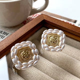14K Plated Flower Pearl Square Earrings S925 Needle Stud Gift