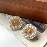 14K Plated Flower Pearl Square Earrings S925 Needle Stud Gift