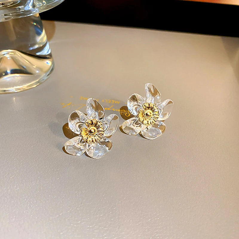 14K Gold Plated Resin Flowers Earrings S925 Silver Stud Party Gift