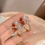 14K Butterfly Pearl Hoop Earrings Crystal AAA Zircon Gift