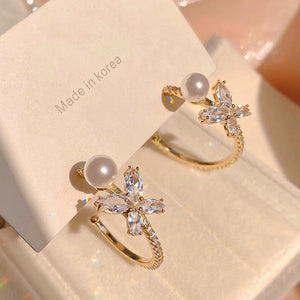 14K Butterfly Pearl Hoop Earrings Crystal AAA Zircon Gift