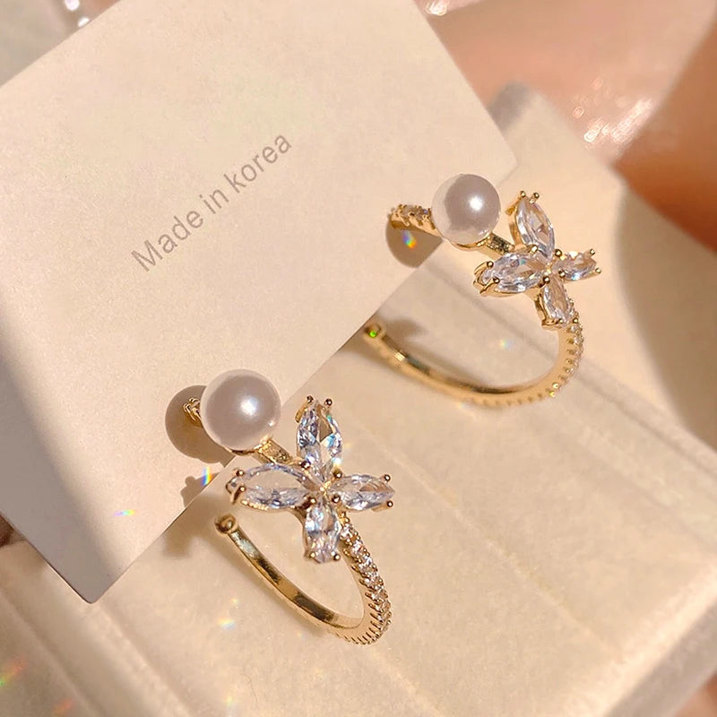 14K Butterfly Pearl Hoop Earrings Crystal AAA Zircon Gift