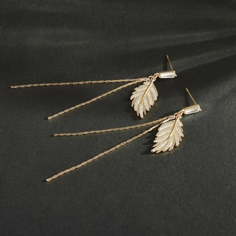 14K Real Leaves Earrings for Women Charming Jewelry