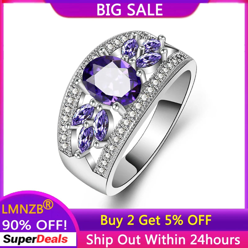 Amethyst Flower Ring Wedding Party Jewelry for Women Girls Gift
