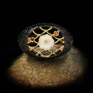 Geometric Circle Hollow Diamond Ring Temperament Pearl Lady 925 Silver Jewelry