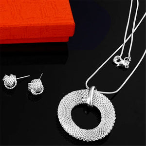 925 Silver Round Necklace Earrings Set for Women