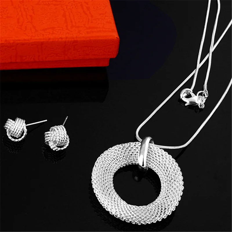 925 Silver Round Necklace Earrings Set for Women